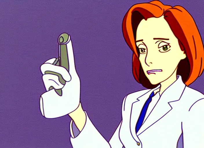 Image similar to an animation still of dana scully, in the style of studio ghibli, traditional animation, sharp detail, animation cel