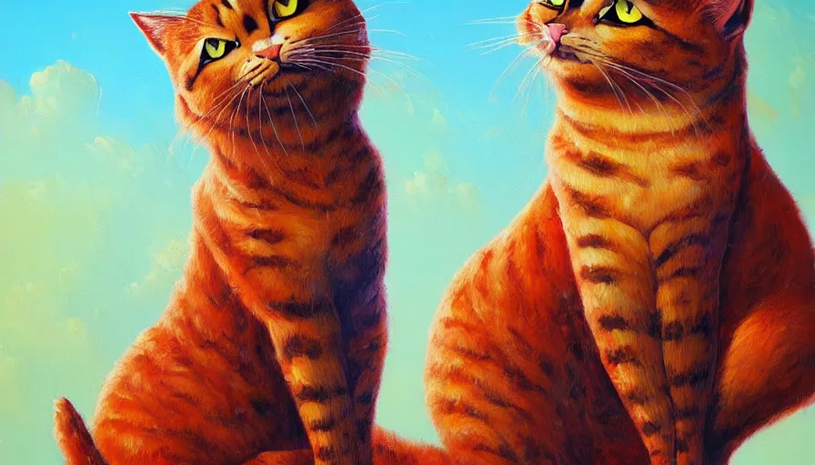 Image similar to highly detailed contemporary acrylic painting of really tall sitting cats by justin gerard, thick brush strokes and visible paint layers, vivid multicolor scheme