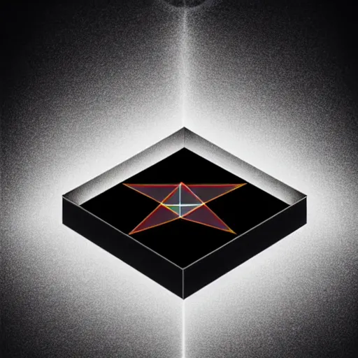 Image similar to a black triangle shaped box on a black background, with a hologram by gabriel dawe, trending on behance, holography, tesseract, holographic, geometric