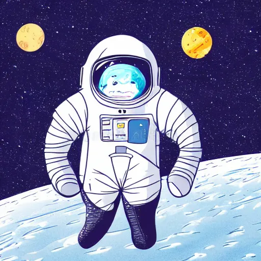 Image similar to cute shark in space suit walking in barren white desert at night, illustration