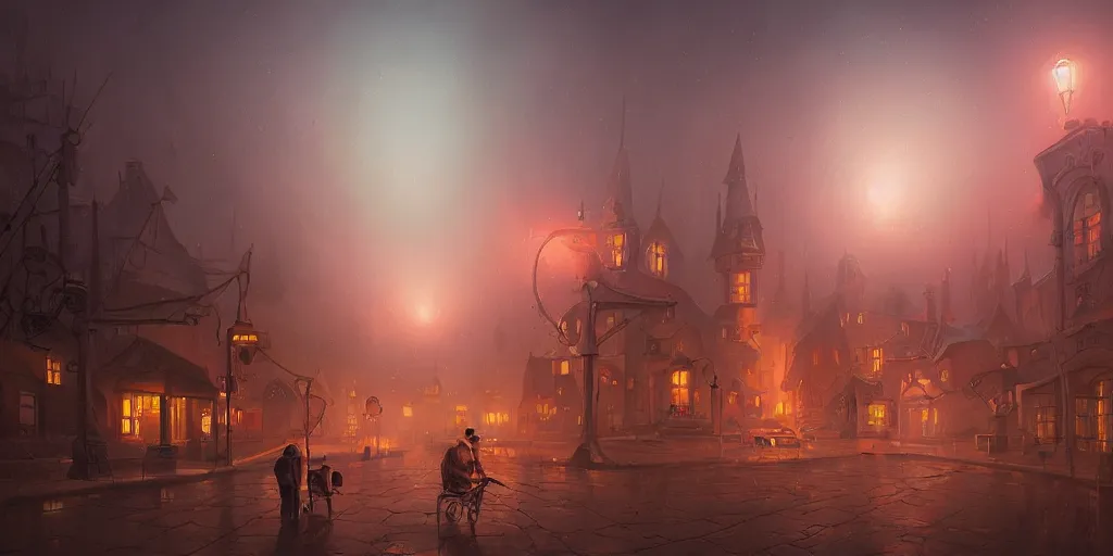 Prompt: illustration of close - up street view of pipe organ town, night, ground fog, by peter mohrbacher, by alex andreev, by jacek yerka, large depth of field, super detailed, digital art, trending on artstation, minimalism