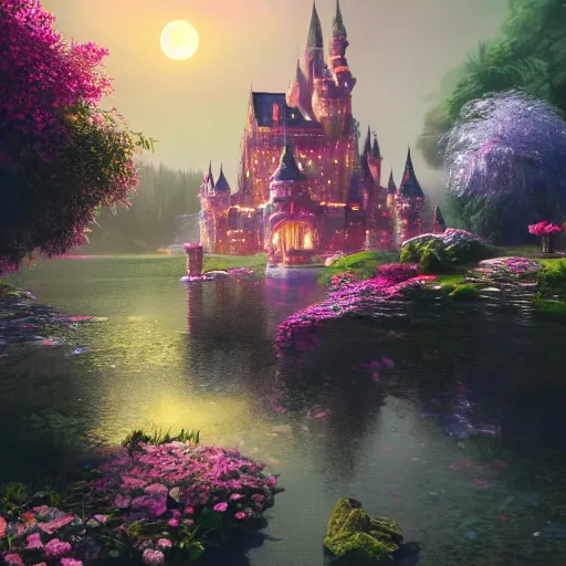 Image similar to a single glittering fairy castle at night, a full moon, water and colourful flowers, extremely detailed oil painting, unreal 5 render, fantasy digital art, octane render, beautiful composition, trending on artstation, award-winning photograph, masterpiece