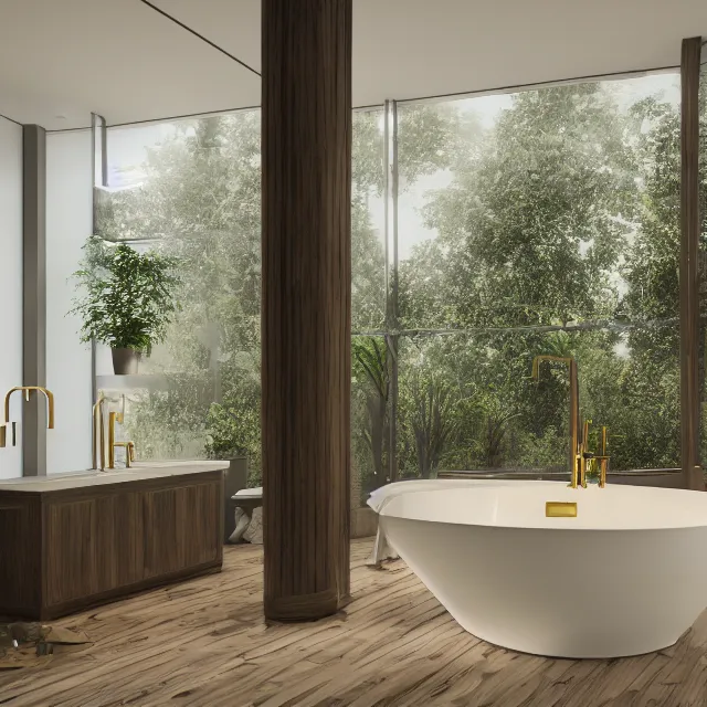 Image similar to post and beam bathroom interior, bathtub with golden faucet, wood cabinets, marble, large window in back with forest view, large potted plant, realistic, unreal engine render, octane render, hyper realistic, photo, 8 k