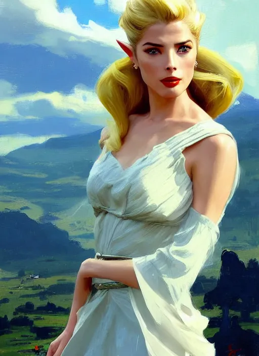 Image similar to A combination of Adriana Dxim and Grace Kelly’s and Ashley Greene's appearance with blonde hair as Zelda, countryside, calm, fantasy character portrait, dynamic pose, above view, sunny day, thunder clouds in the sky, artwork by Jeremy Lipkin and Giuseppe Dangelico Pino and Michael Garmash and Rob Rey and Greg Manchess, very coherent asymmetrical artwork, sharp edges, perfect face, simple form, 100mm