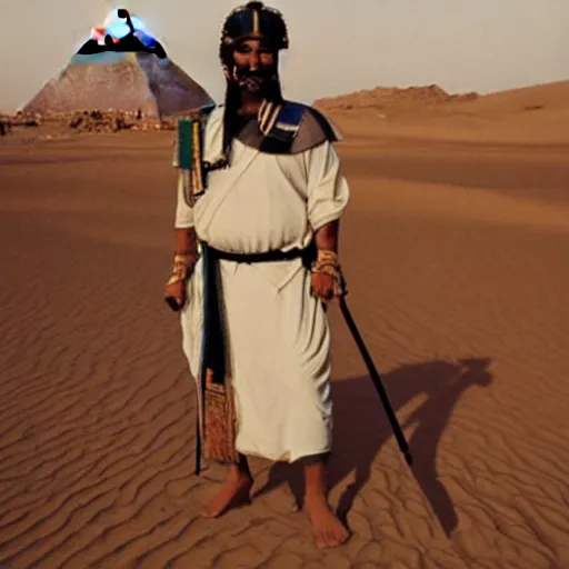 Prompt: egyptian samurai, standing in desert,