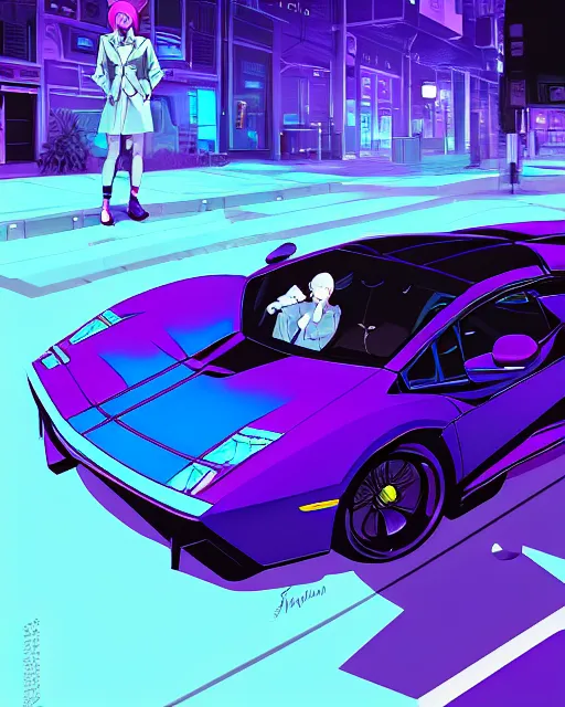 Image similar to digital illustration of cyberpunk pretty girl with blue hair, standing in front of a purple lamborghini, in city street at night, by makoto shinkai, ilya kuvshinov, lois van baarle, rossdraws, basquiat