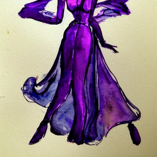 Prompt: Pretty futuristic lady with a long, illustrious dress, purple colors, drawn in watercolor