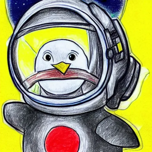 Prompt: cute drawing of a penguin on an astronaut suit, helmet on, floating on space, cartoon style, solid color, symmetric