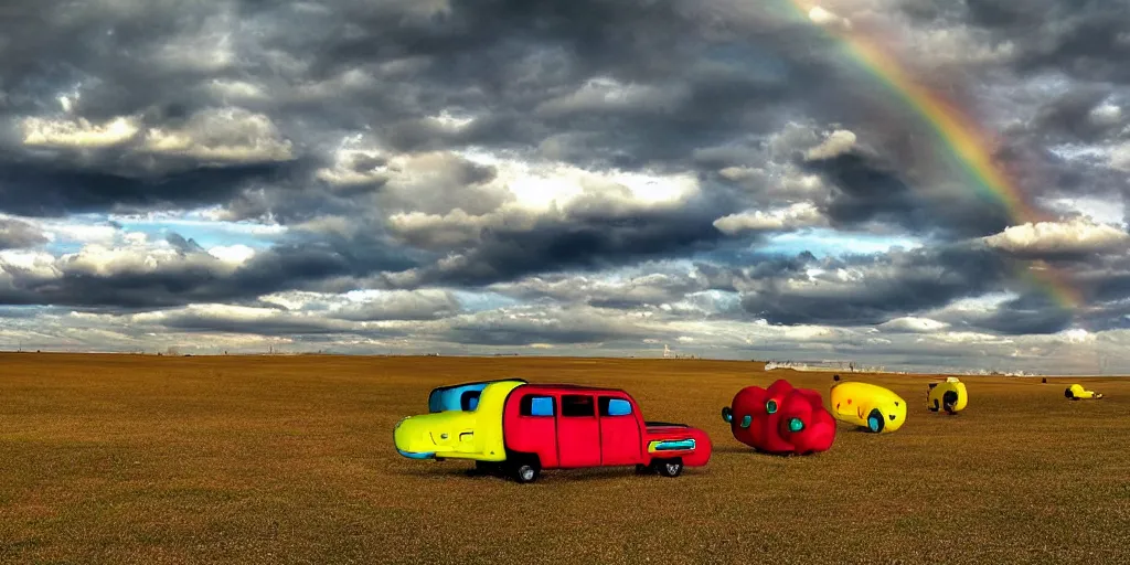 Image similar to empty clown land for miles in every direction there is a long caravan of clowns and clown cars from the 1 8 0 0 s on the horizon puffy clouds in the sky at sunset, rainbow hour, rule of thirds, art, red and yellow