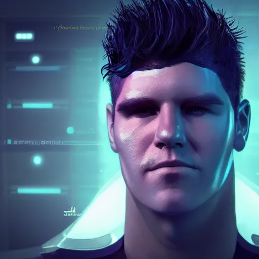 Image similar to Unreal render Bust Portrait of Dustin Bates from Starset in a sci fi uniform with a BMI on his temple; hyper realistic, high detail, artstation, deviantart