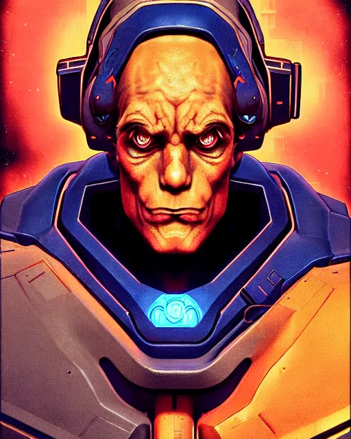 Prompt: sigma from overwatch, crazy look in his eyes, character portrait, portrait, close up, concept art, intricate details, highly detailed, vintage sci - fi poster, retro future, in the style of chris foss, rodger dean, moebius, michael whelan, and gustave dore
