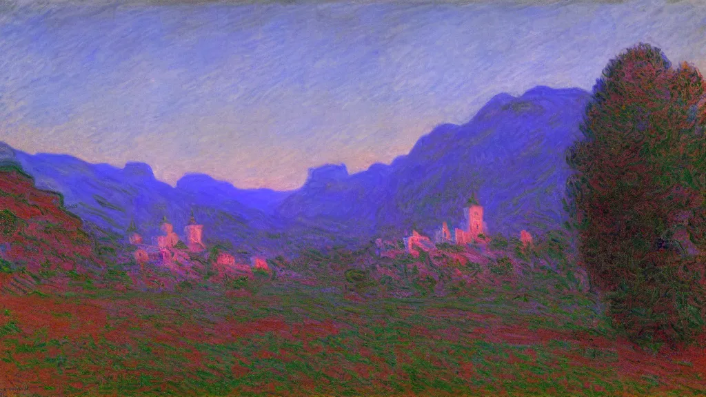 Image similar to High-Quality realist painting of an orthodox monastery in a valley at dawn by Claude Monet, peaceful, very detailed, digital art.