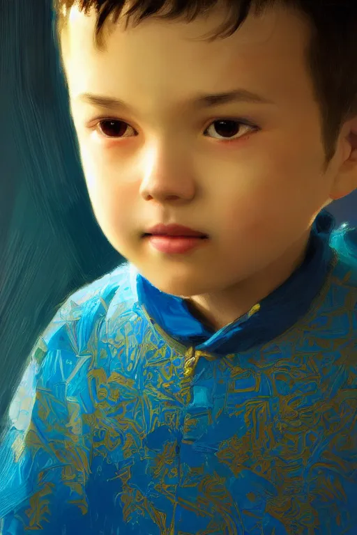 Image similar to little boy, close - up portrait, the portrait is decorated with blue and gold art deco patterns, powerfull, intricate, elegant, volumetric lighting, scenery, digital painting, highly detailed, artstation, sharp focus, illustration, concept art, ruan jia, steve mccurry