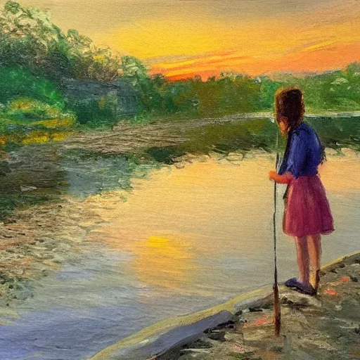 Image similar to a girl fishing at a river at sunset, impressionist piece, artwork by dalle