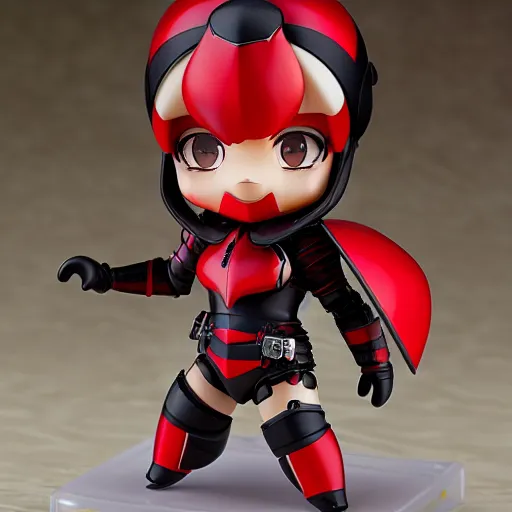 Image similar to wide photograph of cute bee nendoroid with themed crimson - black armor, portrait, hyperdetailed, artstation, cgsociety, 8 k, by tangerine dream