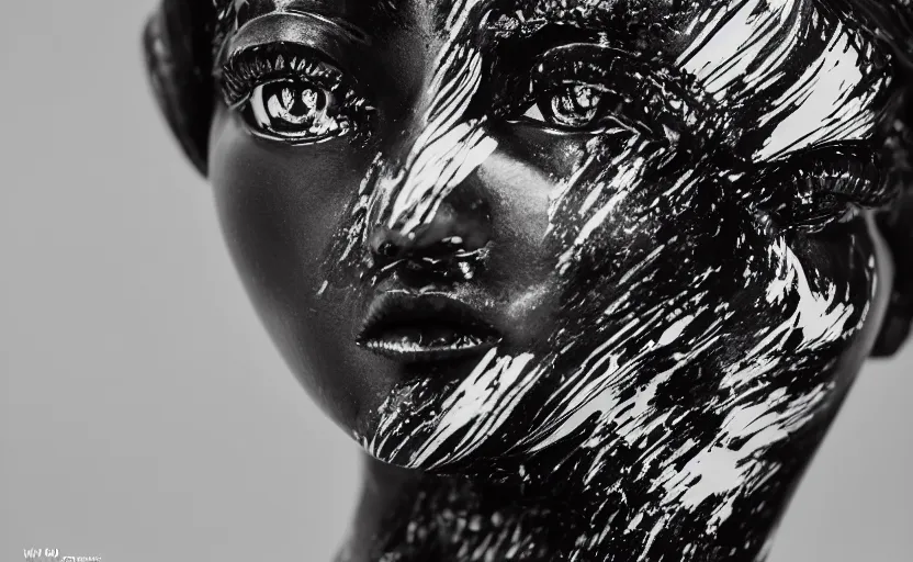 Image similar to close up portrait of extremely beautiful female black marble statue in the style of virgil abloh, colorful motocross logos behind her, sharp focus, clear, detailed,, cinematic, detailed, off white, glamourous, symmetrical, vogue, editorial, fashion, magazine shoot, glossy