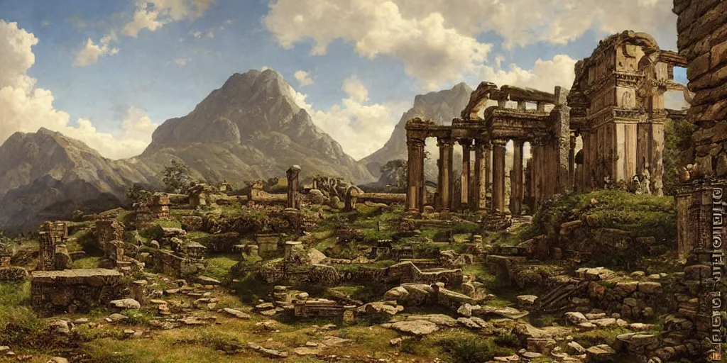 Image similar to roman ruins in mountains by ferdinand knab,