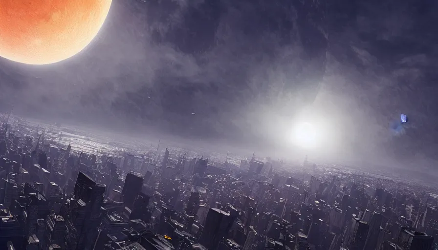 Image similar to giant moon in the sky going to smash the earth, view from new york city, hyperdetailed, artstation, cgsociety, 8 k