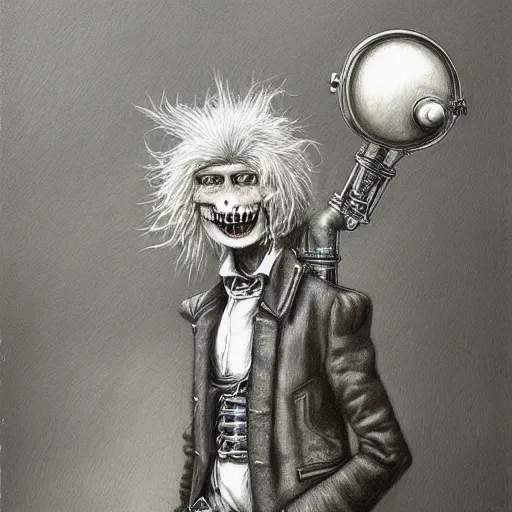 Image similar to a hyperrealistic painting of a steampunk sid vicious, blue skies, by john kenn mortensen, highly detailed,