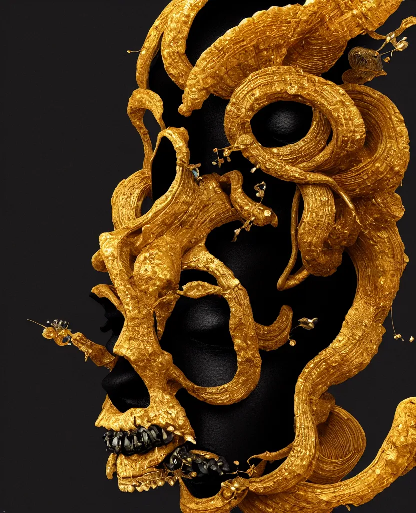 Image similar to black background. goddess princess face close-up portrait ram skull. sculpture made of gold and black charcoal. jellyfish phoenix head, nautilus, orchid, skull, betta fish, bioluminiscent creatures, intricate artwork by Tooth Wu and wlop and beeple. octane render, trending on artstation, greg rutkowski very coherent symmetrical artwork. cinematic, hyper realism, high detail, octane render, 8k