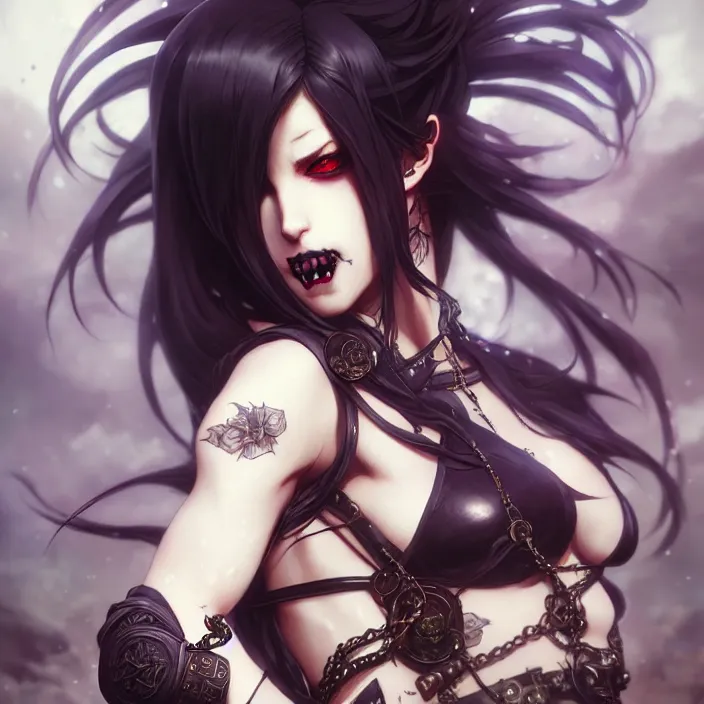 Image similar to anime female, fangs, goth, tattoos, leather, fantasy, intricate details, eerie, highly detailed, octane render, 8 k, art by artgerm and alphonse mucha and greg rutkowski