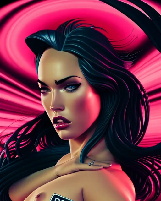 Prompt: low angle closeup beautiful seductive megan fox retro scifi pinup, action glamour pose, windblown dark hair, hyper detailed, digital art, studio lighting, smooth, ambient volumetric lighting, sharp focus, frank miller, wlop, anna dittmann, alphonse mucha, patrick nagle!!, rim lighting, synthwave