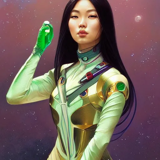 Prompt: Portrait of very very very very very very beautiful Asian woman, spacesuit, green eyes, intricate, elegant, highly detailed, digital painting, artstation, concept art, smooth, sharp focus, illustration, art by artgerm and greg rutkowski and alphonse mucha