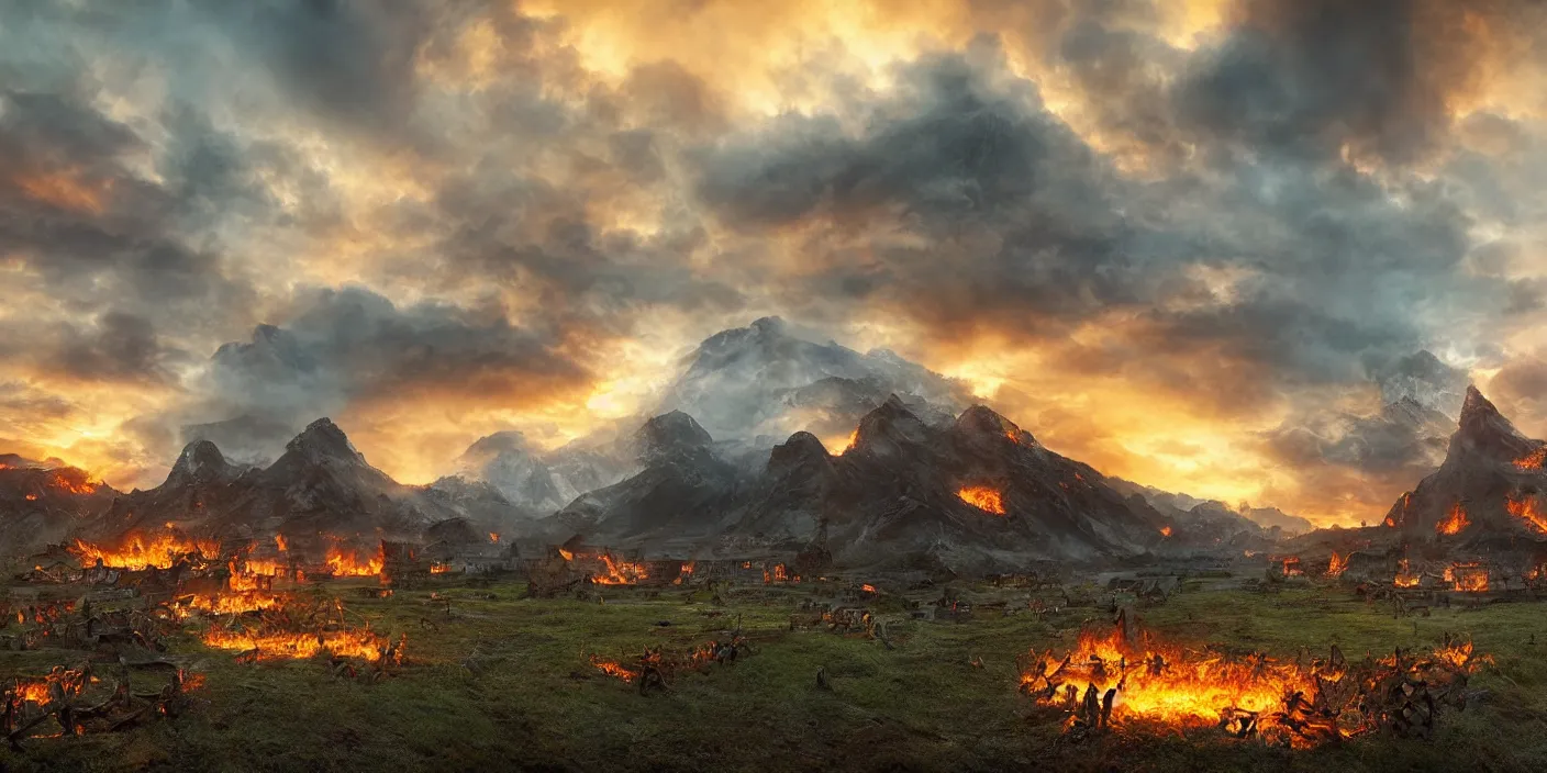 Prompt: landscape photography by marc adamus, vikings burning down a village, sunset, dramatic lighting, beautiful, hyper detailed, uhd,