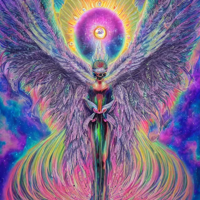 Image similar to angelic ophanim Lovecraftian celestial covered in eyes feathers and wings, oil painting award winning, chromatic aberration sharp colors, symmetrical geometry sublime angel be not afraid
