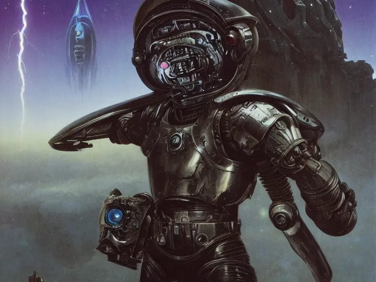 Image similar to a detailed profile painting of a bounty hunter in armour and visor, cinematic sci-fi poster. Spaceship high in the background. Flight suit, anatomy portrait symmetrical and science fiction theme with lightning, aurora lighting clouds and stars. Clean and minimal design by beksinski carl spitzweg h.r. giger and tuomas korpi. baroque elements. baroque element. intricate artwork by caravaggio. Oil painting. Trending on artstation. 8k