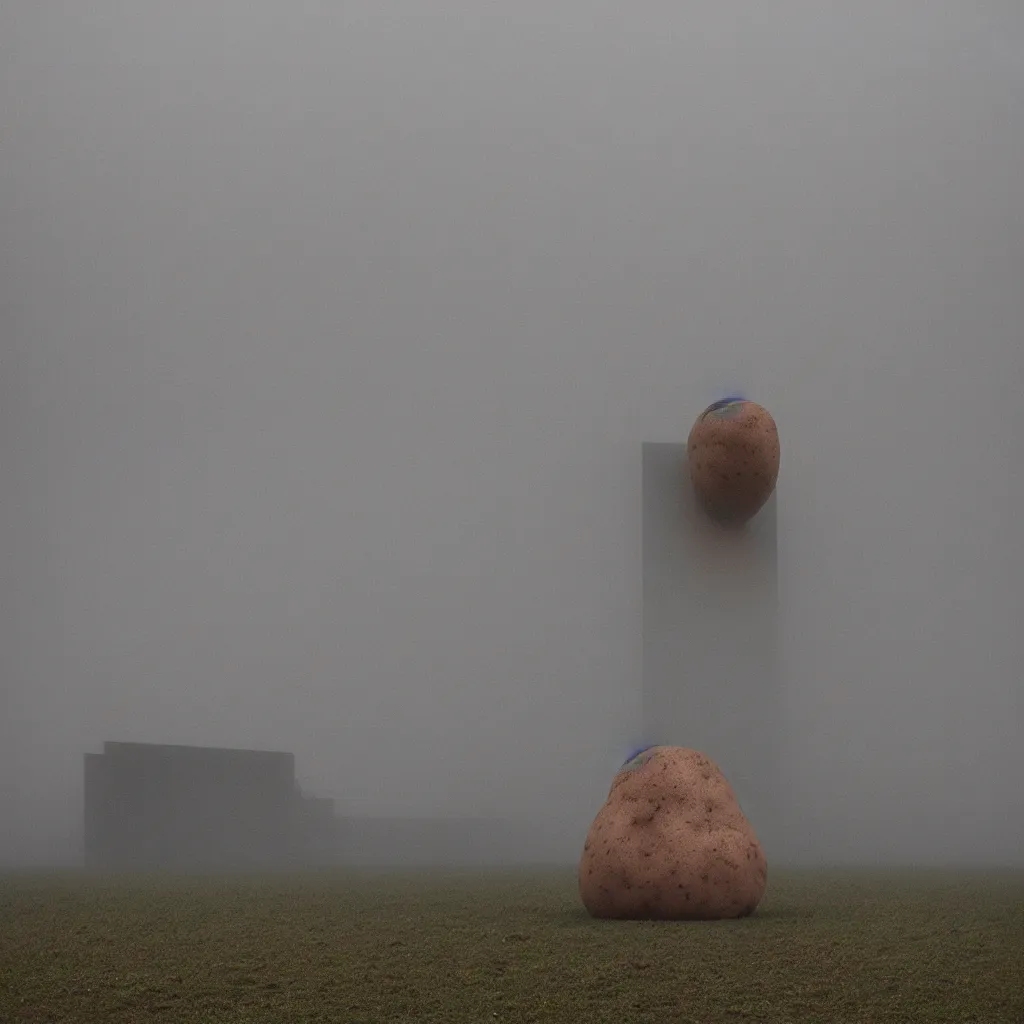 Image similar to soviet brutalism style, big sculpture of one potato in foggy field, very detailed, 4 k, professional photography