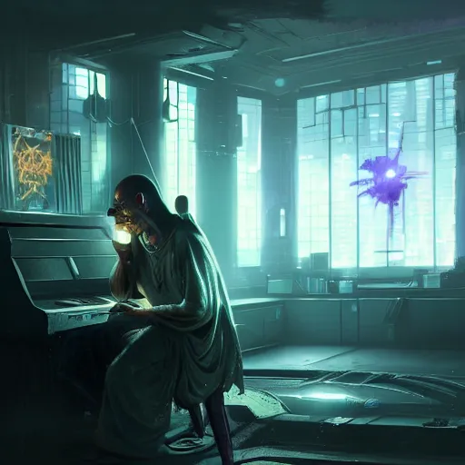 Image similar to sci fi cyberpunk fantasy art prompt magician studying casting spells with keyboard, by greg rutkowski ultrahd dark volumetric lighting hyper detailed unreal engine octane render