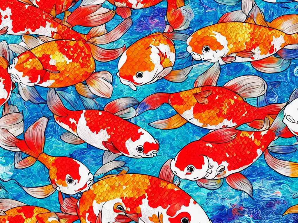 Image similar to colorful koi carp collage illustration pattern, tiny, small, miniature, short, cute and adorable, digital painting, highly detailed, intricate, elegant, artstation, concept art, colorful, beautiful, studio ghibli, aoshima chiho, takashi murakami, manga, cute and adorable