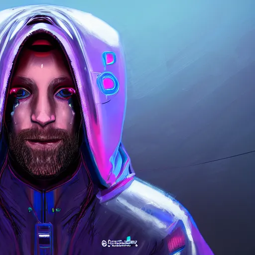 Prompt: a portrait of an ultradetailed futuristic male cyberpunk wearing a hoodie on his head, bearded, deep blue eyes, by dylan kowalski, 8 k, purple neon colours, digital painting, trending on artstation