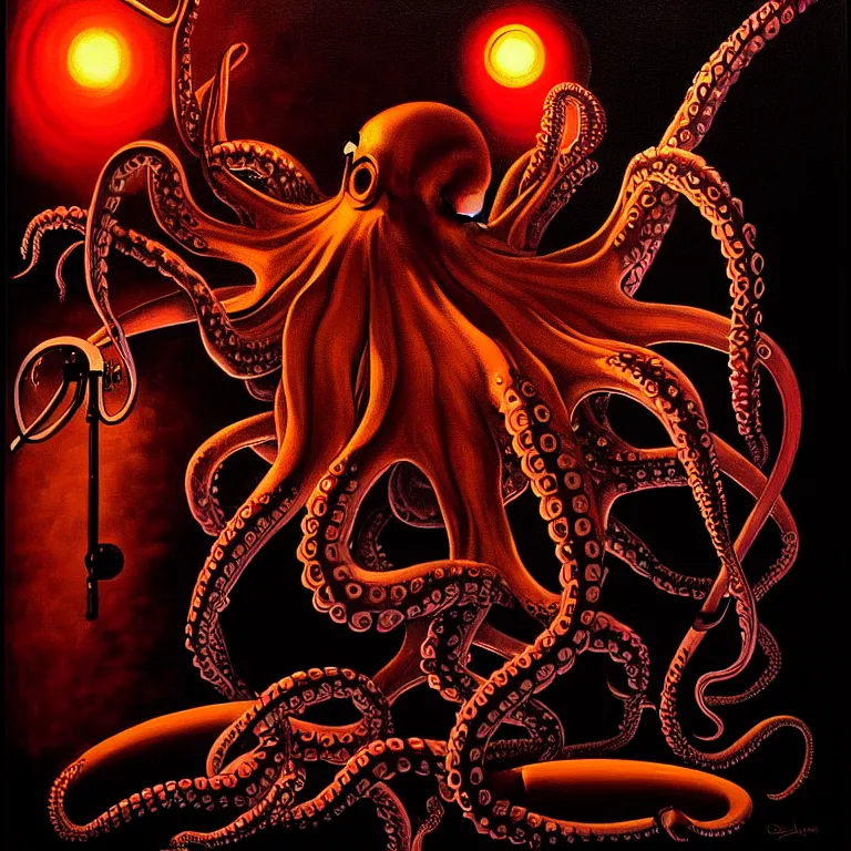 Image similar to a beautiful painting by gerald brom of a couple of octopus playing drums and telecaster guitar in an electronic concert, black background, concert light, dark mood, warm lights