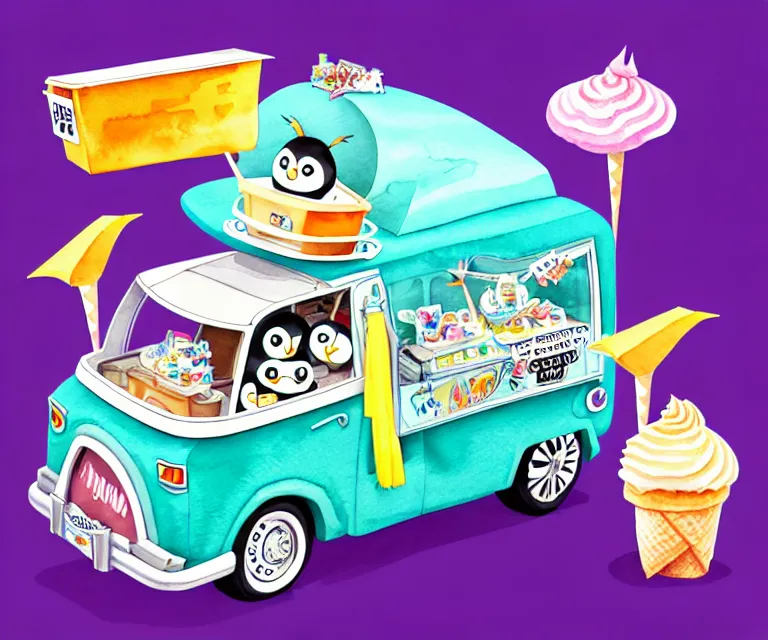 Image similar to cute and funny, penguin riding in a tiny ice cream truck, ratfink style by ed roth, centered award winning watercolor pen illustration, isometric illustration by chihiro iwasaki, edited by craola, tiny details by artgerm and watercolor girl, symmetrically isometrically centered