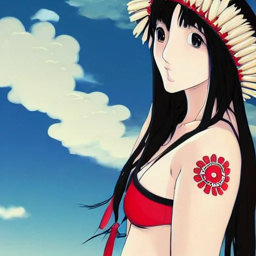 Image similar to a beautiful young japanese natalie portman alluring gravure model, anime graphic illustration, wearing oversized designer bomber jacket and one piece bikini, bulky poofy bomber jacket with mesoamerican patterns, mesoamerican native street fashion, princess mononoke screenshot, aesthetic, gorgeous, stunning, alluring, attractive, artstation, pinterest, digital art