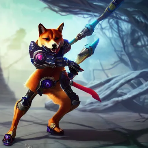 Image similar to stunning cybernetic shiba inu warrior as a league of legends character, michael maurino, alex flores, paul kwon, cinematic, highly detailed, concept art, 3 d cgi, dramatic lighting, focus, smooth, heroic, hyper realistic background, in the style of league of legends, lol