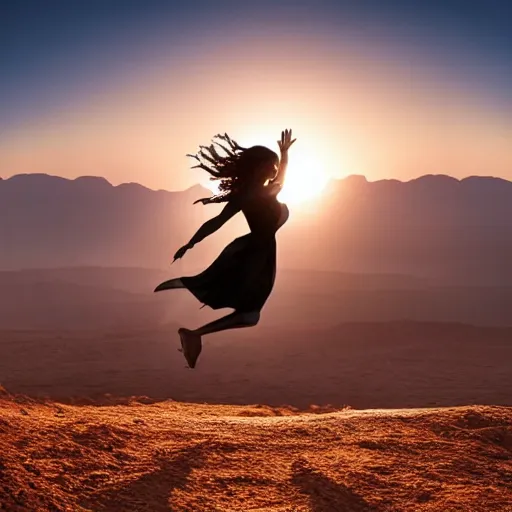 Prompt: cinematic still of silhouette of woman in Biblical clothing jumping for joy, beautiful middle eastern landscape with sunrise behind, Biblical epic movie directed by Steven Spielberg