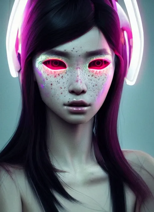 Image similar to photorealistic portrait of oriental female humanoid with freckle cheeks, cyber neon lightings, highly detailed, cyberpunk high fashion, elegant, crispy quality, trending in artstation, trending in pinterest, glamor pose, no signature, no watermark, cinematic, octane render, art by artgerm, art by greg rutkowski, art by pascal blanche