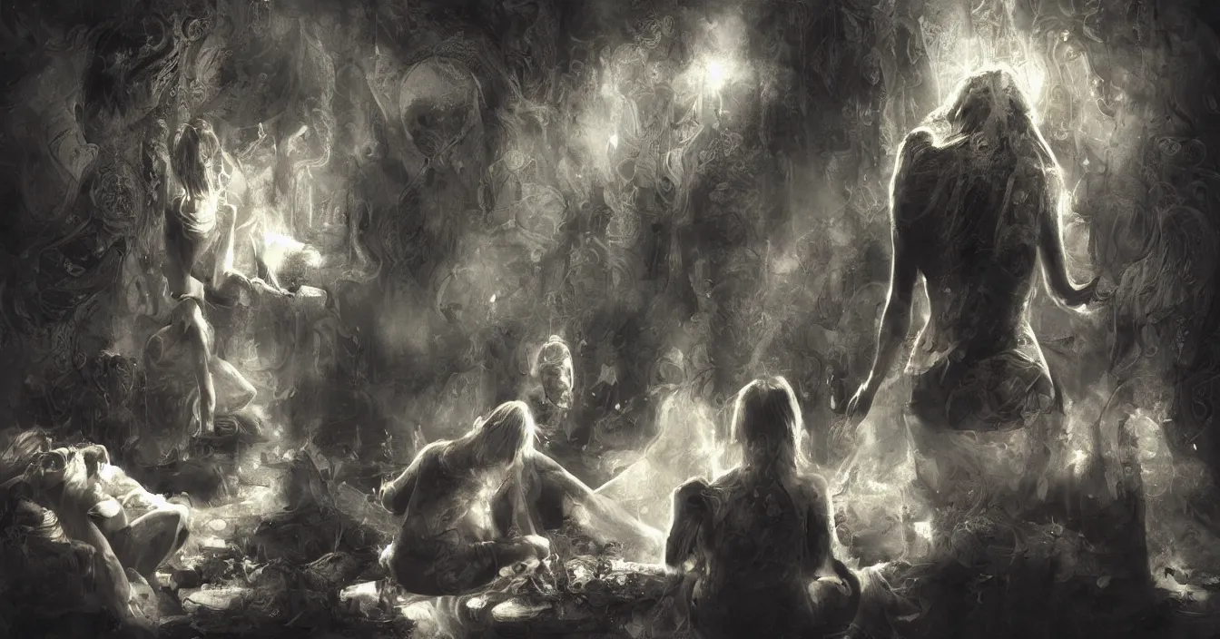 Prompt: rear view of the seated souls in the cinema watching volumetric light of consciousness projecting illusions of their lives on the big screen, trapped egos in physical reality, deep sense of spirituality, visual plasticity, shading in vray, style of bastien lecouffe deharme