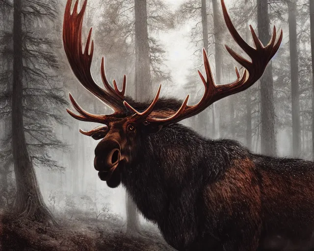 Image similar to 5 5 mm portrait photo of a demonic heavily burning moose with red eyes and antlers and looking at the camera, in a magical forest. dark atmosphere. art by greg rutkowski and luis royo. highly detailed 8 k. intricate. lifelike. soft light. nikon d 8 5 0.