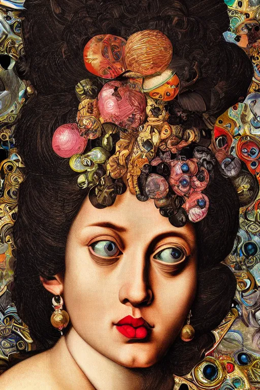 Image similar to Detailed maximalist portrait with large lips and large eyes. 8x HD mixed media, 3D collage, highly detailed and intricate illustration in the style of Caravaggio. colourful matte background