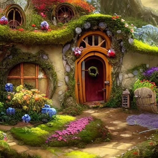 Prompt: A beautiful digital painting of a hobbit house covered in flowers, mushrooms and moss with a door and windows and a front path and garden in the shire by Stanley Artgerm Lau, frank frazetta, Rossdraws, James Jean, gerald brom, Andrei Riabovitchev, Marc Simonetti, and Sakimichan, trending on artstation, SFW version