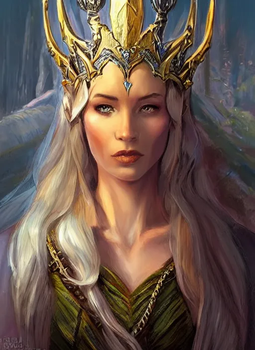 Prompt: elegant beautiful elven queen wearing a crown, ultra detailed fantasy, dndbeyond, bright, colourful, realistic, dnd character portrait, full body, pathfinder, pinterest, art by ralph horsley, dnd, rpg, lotr game design fanart by concept art, behance hd, artstation, deviantart, hdr render in unreal engine 5