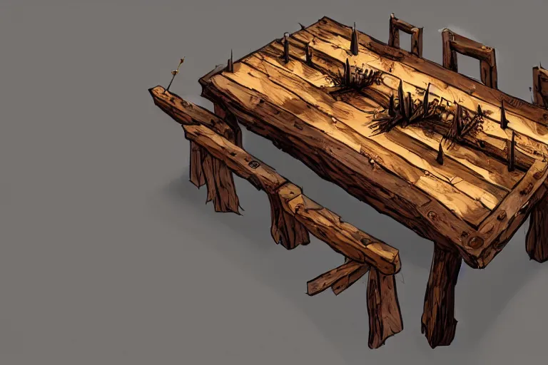 Image similar to a rustic rectangle wooden table with lots of spikes sticking out of it. Dungeons and dragons fantasy digital art, artstation highquality 4k