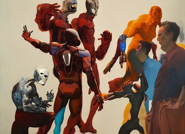 Image similar to a still from the movie avengers : infinty war of francis bacon and norman rockwell and james jean, a still from the movie the fly, and mark brooks, triadic color scheme, by greg rutkowski, syd mead and edward hopper and norman rockwell and beksinski, dark surrealism, orange and turquoise