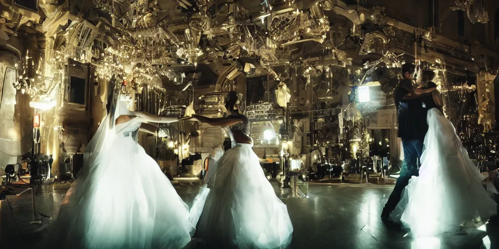 Image similar to two robots wedding, cinema, scene, romantic, elegant, sofe light, cinematography lighting, still photo