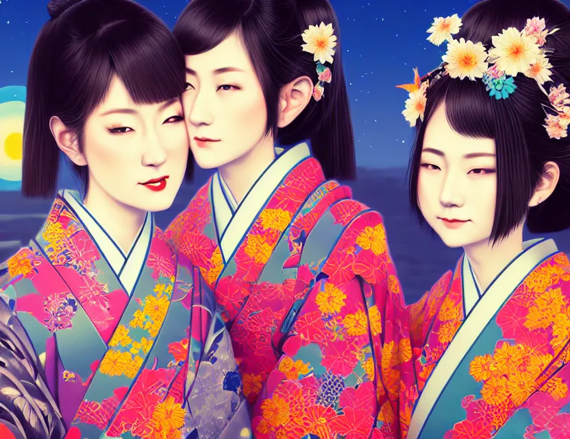 Image similar to two beautiful charming japan girls wear arty kimono in festival | | sunny night, full moon, dreamlike art, realistic shaded, smile, good looking, hyper details, 4 k realistic, cryengine, realistic shaded lighting poster by ilya kuvshinov, fuji choko, ross tran, 8 k resolution, trending on artstation, luxury