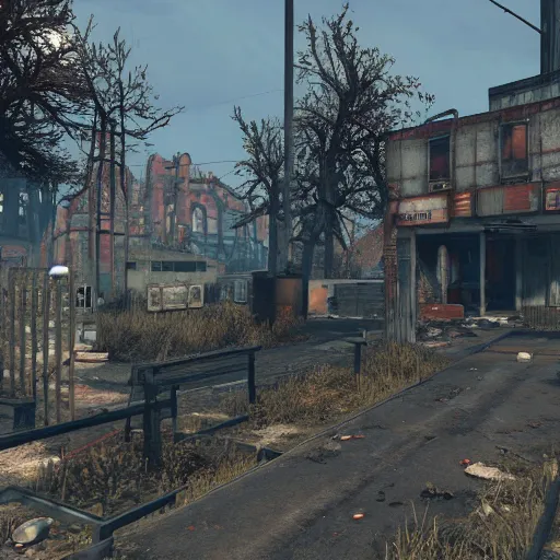 Prompt: Bruges post-nuclear war in Fallout 4, in game screenshot